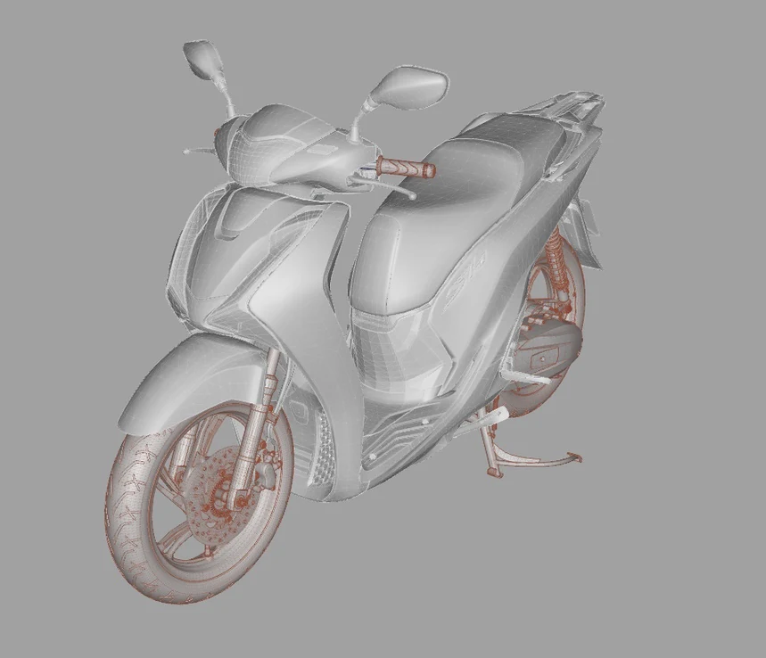 A scooter as a grey 3D surface model, seen from the front three-quarter, with the wheels, brake disc and suspension drawn as fine orange lines.