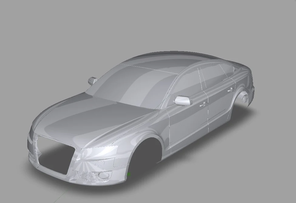 A sedan body as a grey 3D surface model, seen from the front three-quarter: smooth, even reflections across the bonnet, roof and doors, with panel lines and open wheel arches.