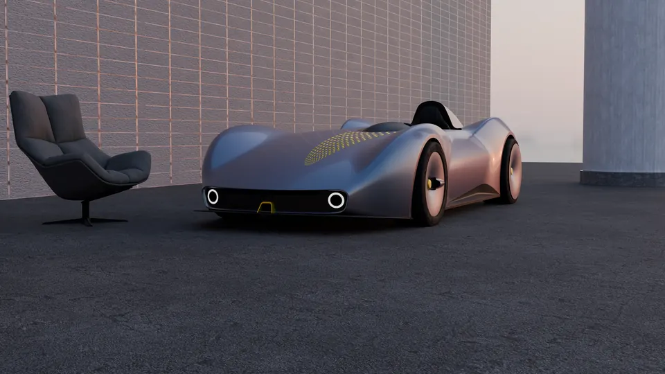 Barchetta 2030: blue-gray colorway with chair, dark room