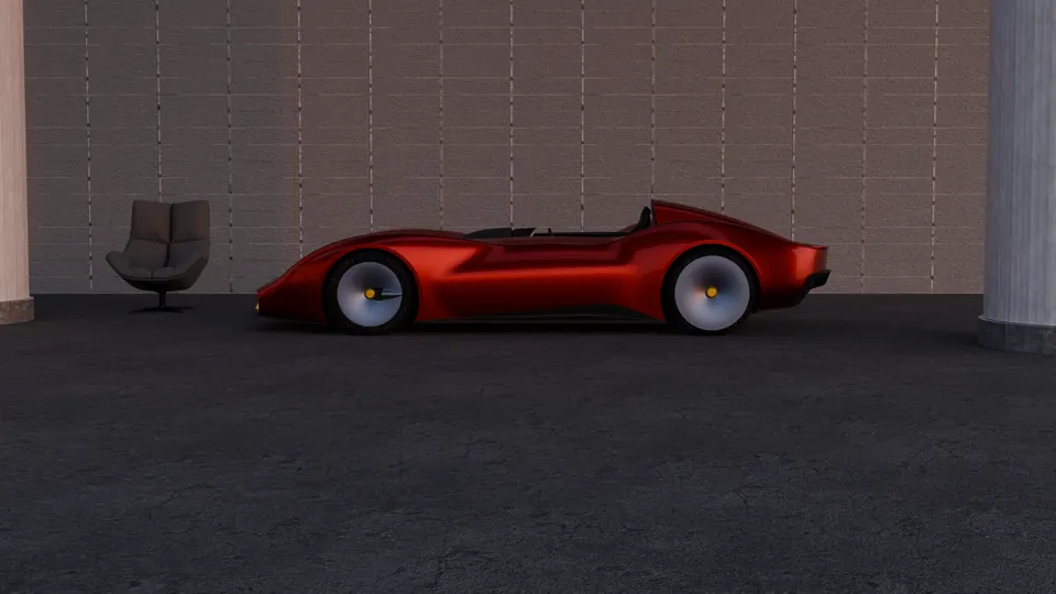 Barchetta 2030: red car in side view in a dark room with a brick wall