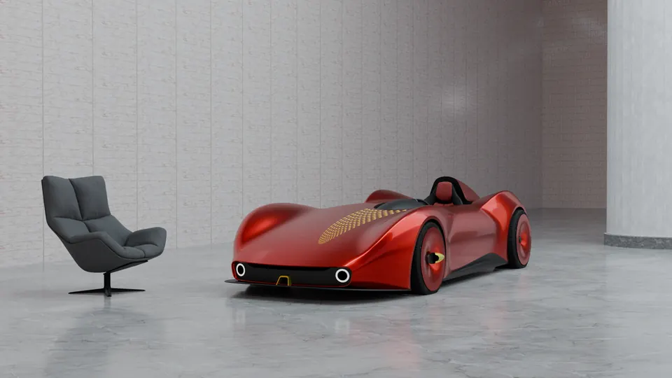 Barchetta 2030: red car with a gray lounge chair, pale room, no badge