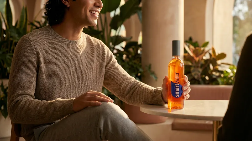 Decant: man at a table with an amber bottle