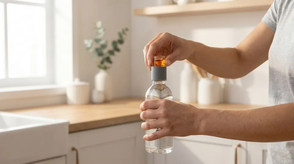 Decant: hands twisting the cap, bright kitchen