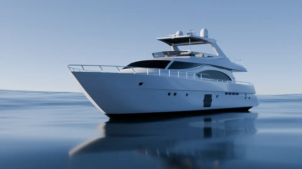 Ferretti 830: low view of the bow, pale sky