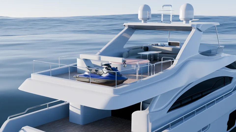 Ferretti 830: close view of the flybridge with a jet ski