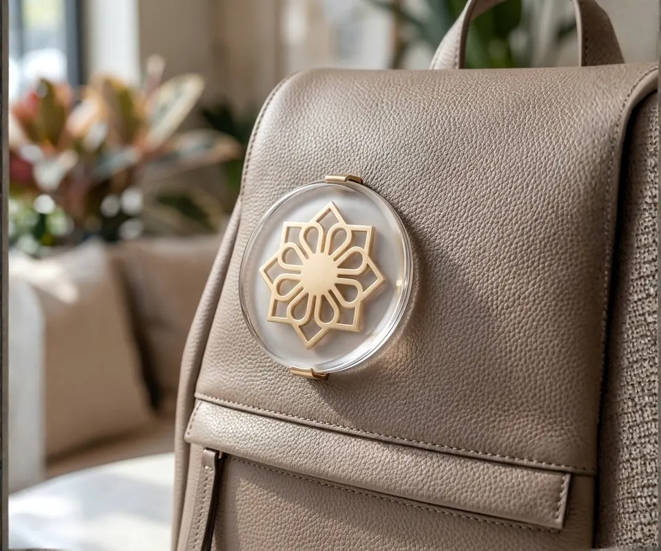 Halora Aura Core: as a charm on a taupe leather bag