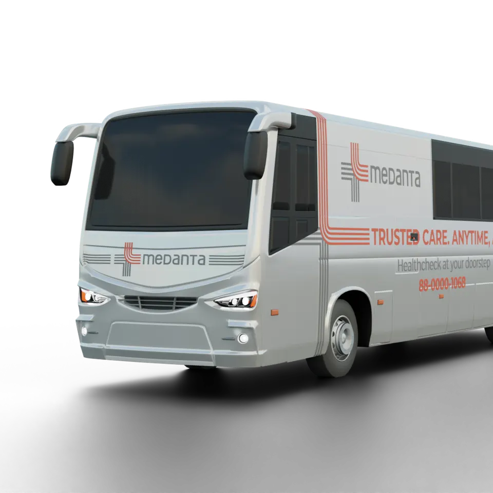 Medanta Seva Setu: bus front three-quarter