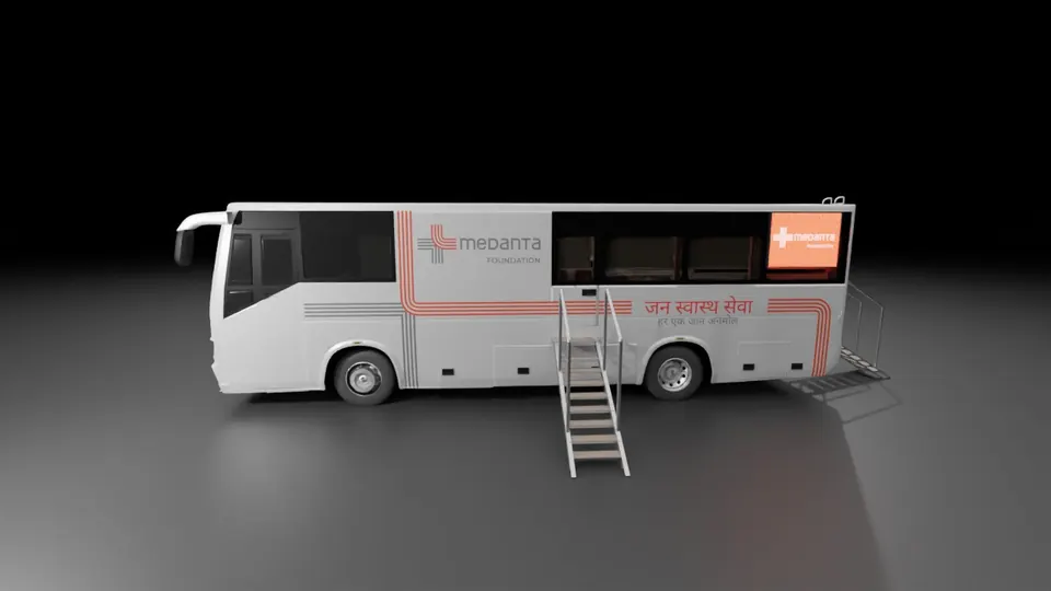 Medanta Seva Setu: white bus with steps deployed, dark studio