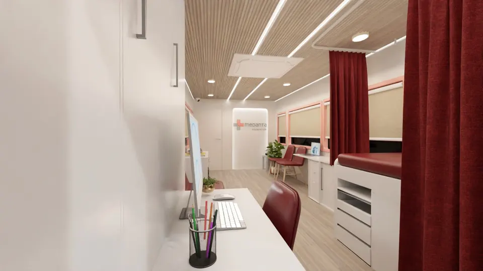 Medanta Seva Setu: interior desk and red curtain