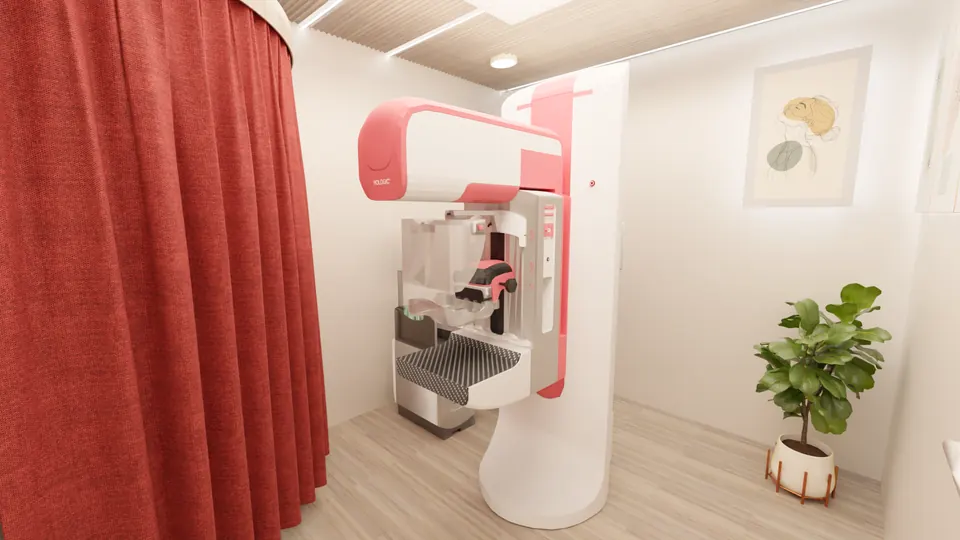 Medanta Seva Setu: screening room with red curtain and mammography unit