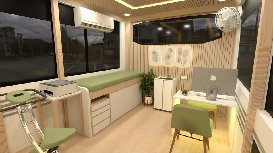Medanta Wellness on Wheels: green and timber consult space with desk
