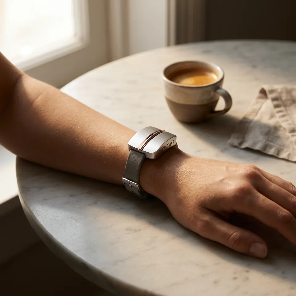 Filo: steel band on a wrist beside a coffee cup