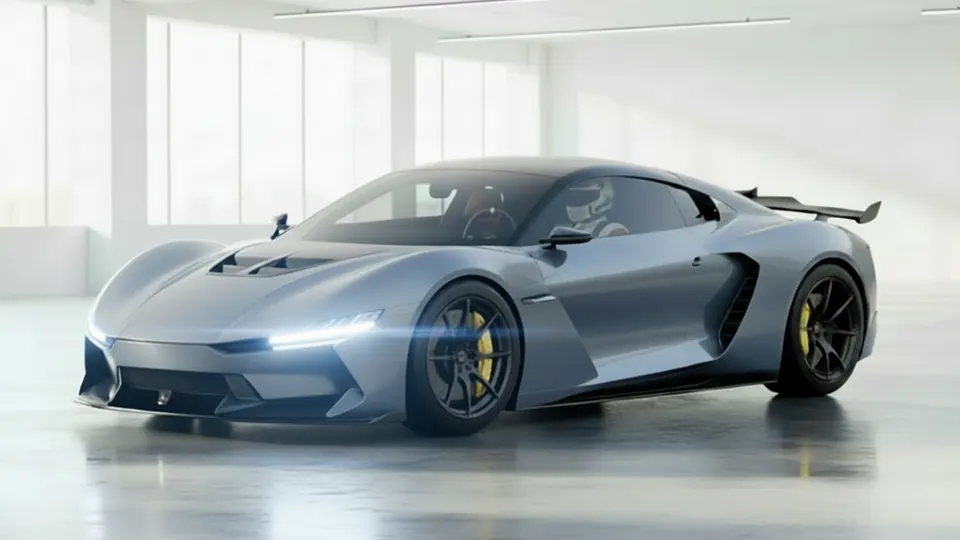 Pinnacle V12: front three-quarter, headlights on, white hall