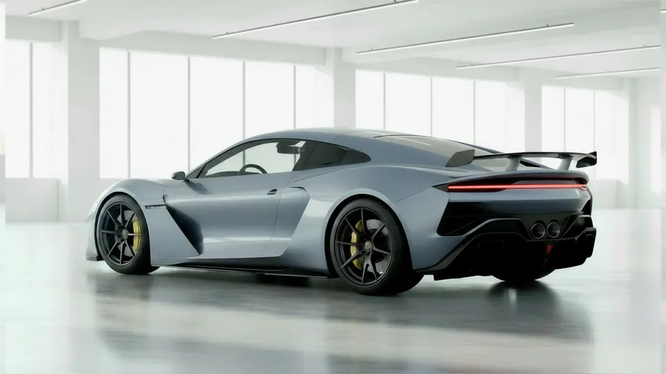 Pinnacle V12: rear three-quarter, wing and red light bar, white hall
