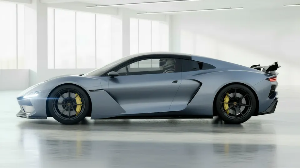 Pinnacle V12: side profile, satin gray-blue, bright white studio hall