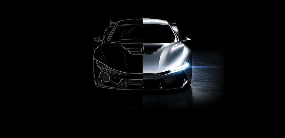 Pinnacle V12: front view on pure black, left half line sketch, right half finished render with a blue-white headlight flare