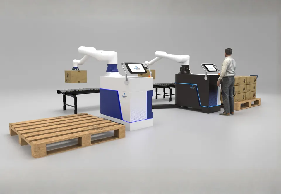ProBot Palletizing Cell: two cells with operator, pallets and conveyor