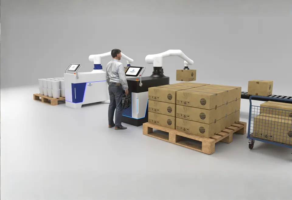 ProBot Palletizing Cell: wider view with stacked boxes