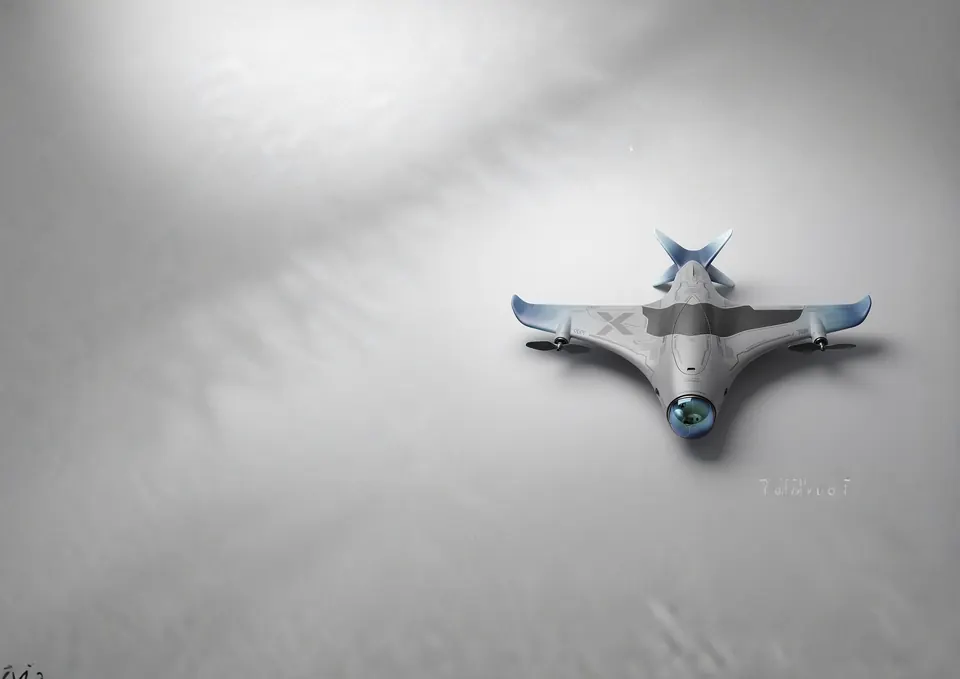Surveillance Drone: small in frame, from the front, pale studio