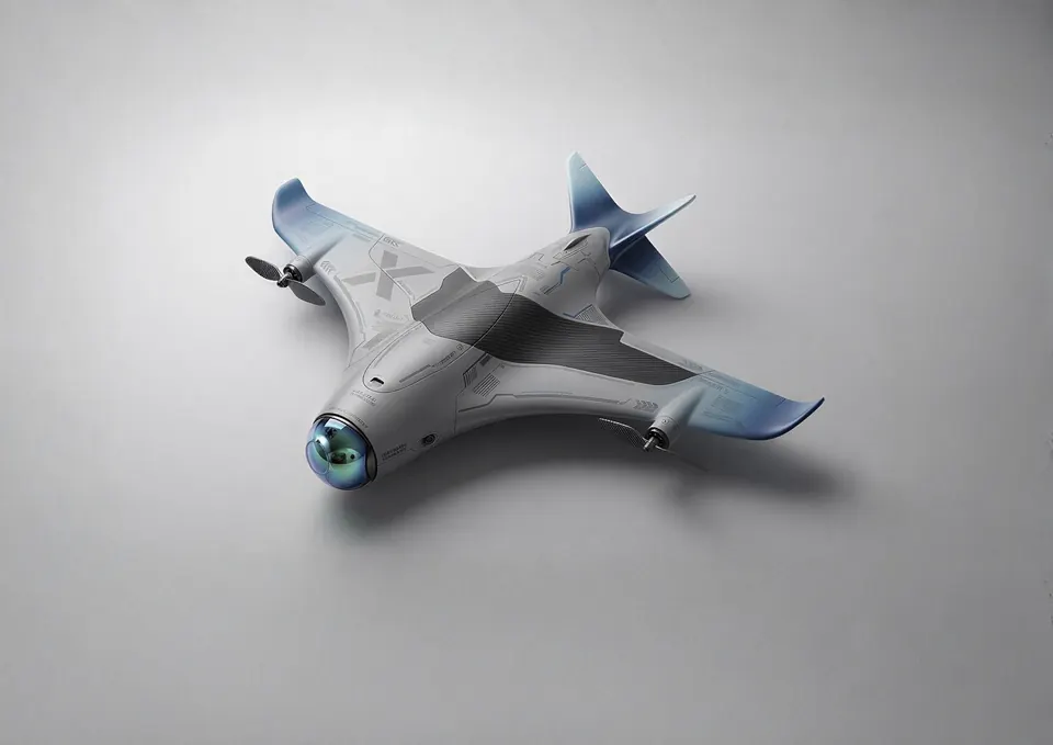 Surveillance Drone: gray-and-blue airframe from above, pale gray studio