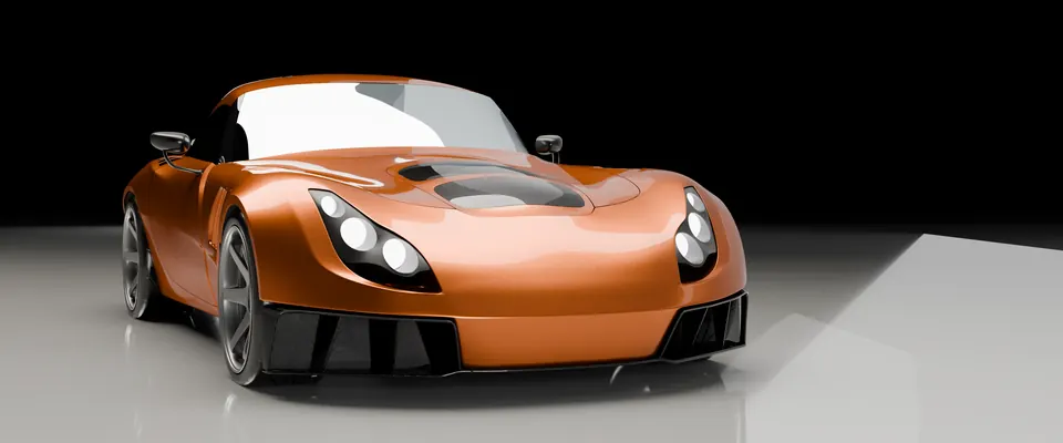 TVR Sagaris Carbon Restomod: low front view on black with a pale floor