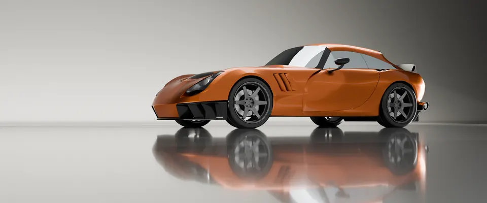 TVR Sagaris Carbon Restomod: front three-quarter with floor reflection, gray studio fading to dark at right