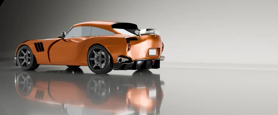 TVR Sagaris Carbon Restomod: rear three-quarter with reflection, pale studio